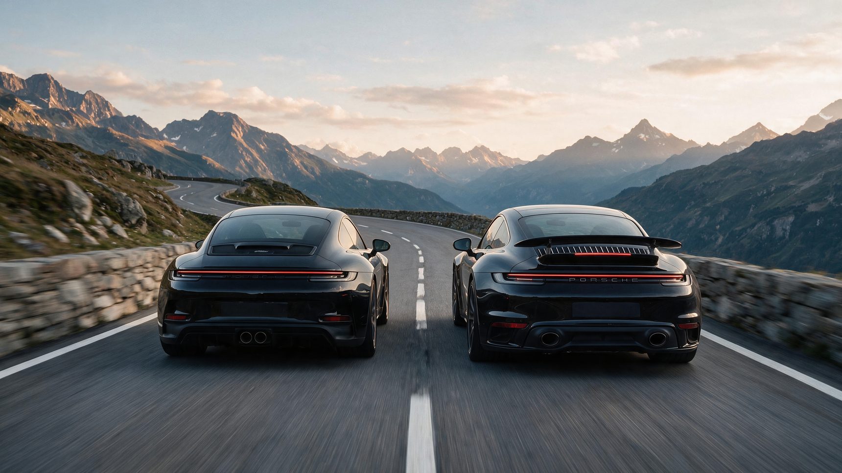 Černé Porsche 911 GT3 Touring a 911 Turbo S zezadu vedle sebe na horské silnici za soumraku