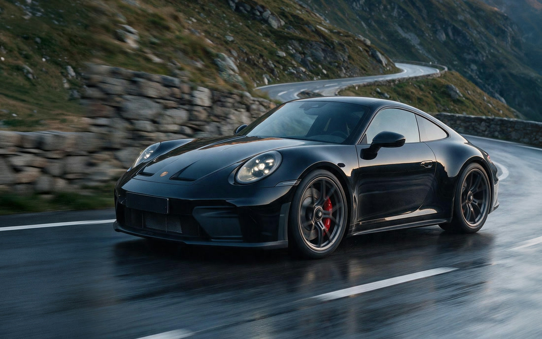 Porsche 911 GT3 Touring v jízdě na mokré horské silnici v Alpách