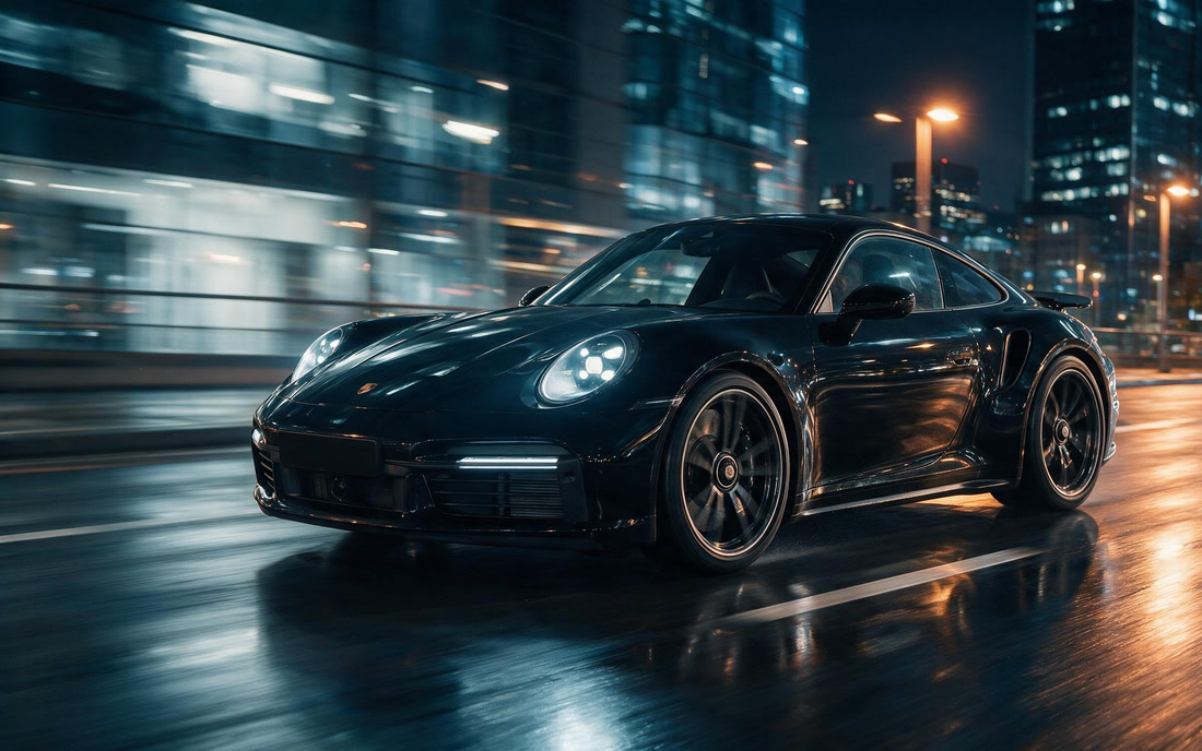 Černé Porsche 911 Turbo S v jízdě nočním městem po mokré silnici
