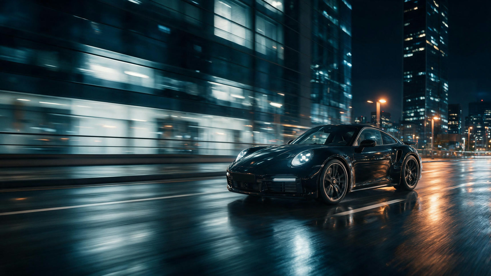 Černé Porsche 911 Turbo S v jízdě nočním městem po mokré silnici