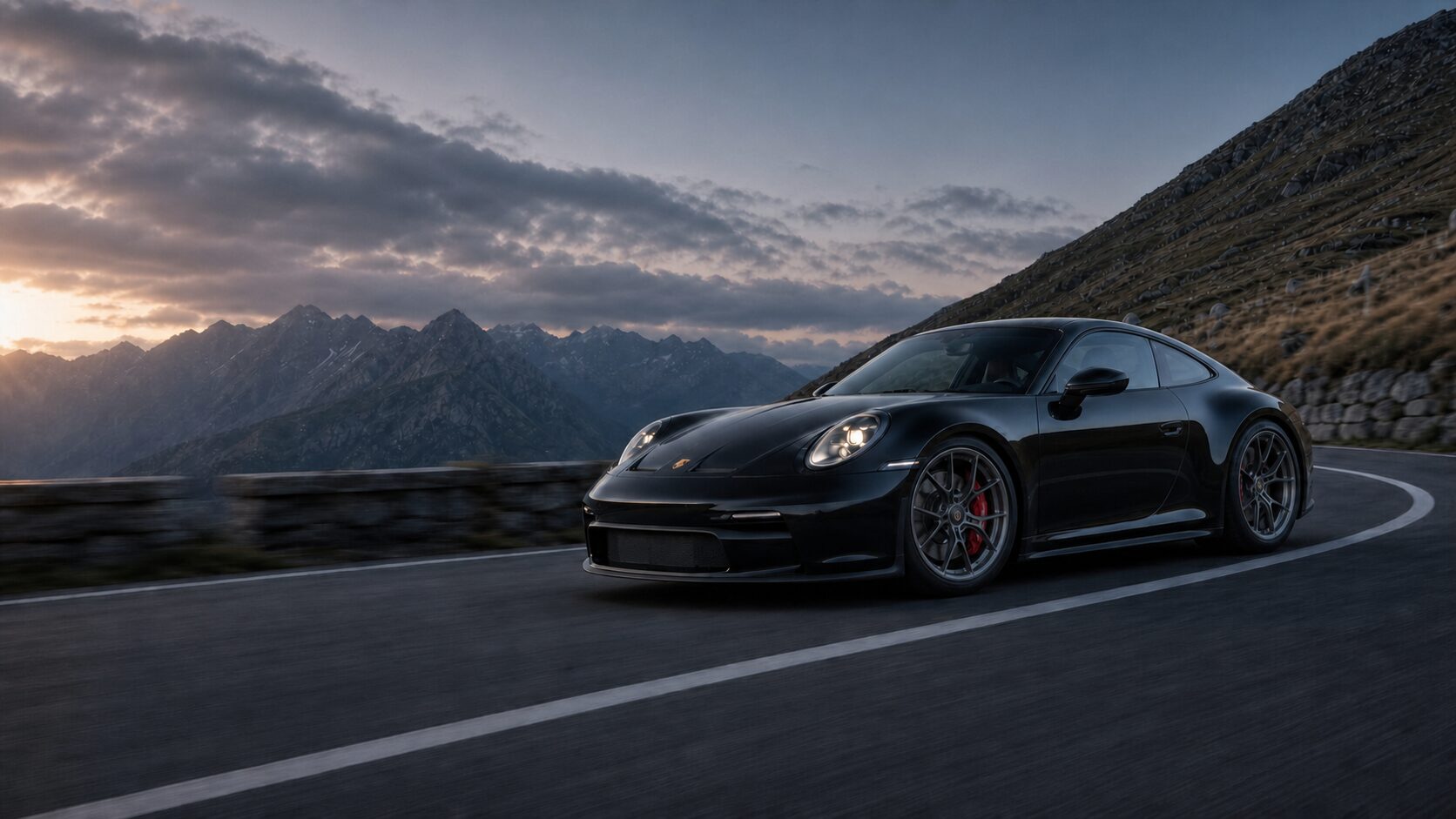Porsche 911 GT3 Touring v pohybu na horské silnici