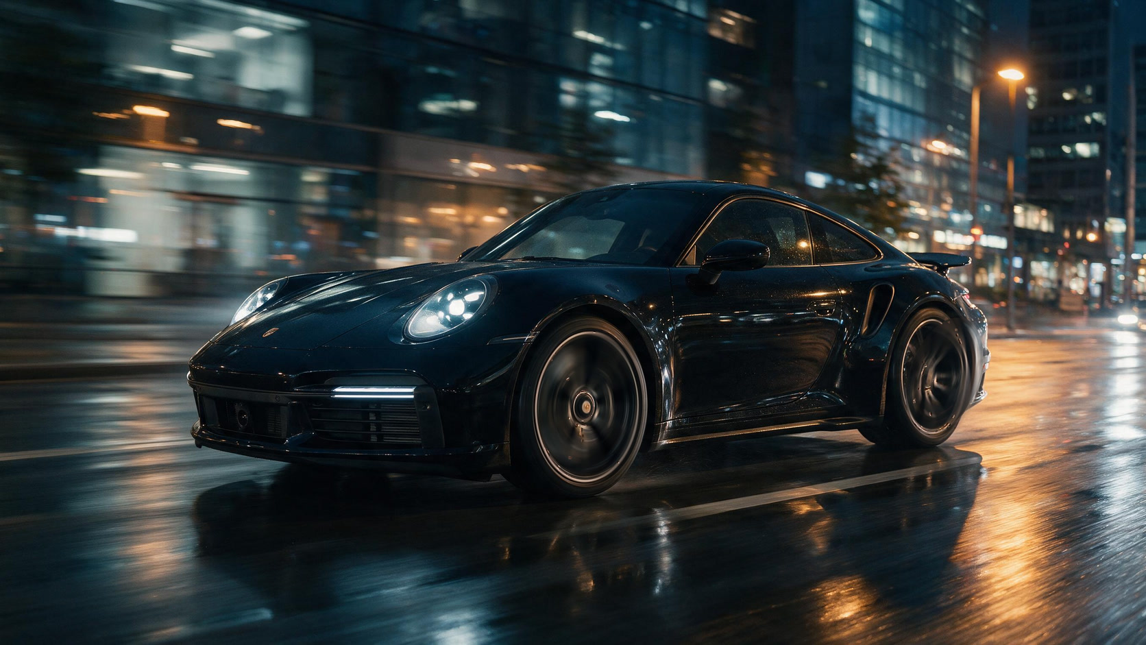 Černé Porsche 911 Turbo S v dešti z nízkého předního pohledu