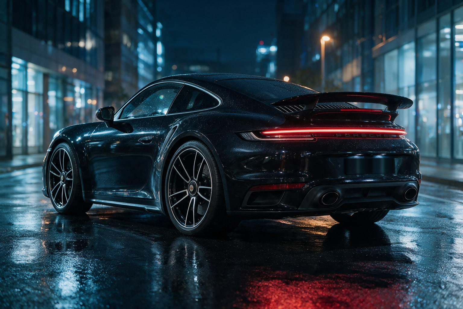 Záď černého Porsche 911 Turbo S se zvednutým křídlem na mokré noční ulici